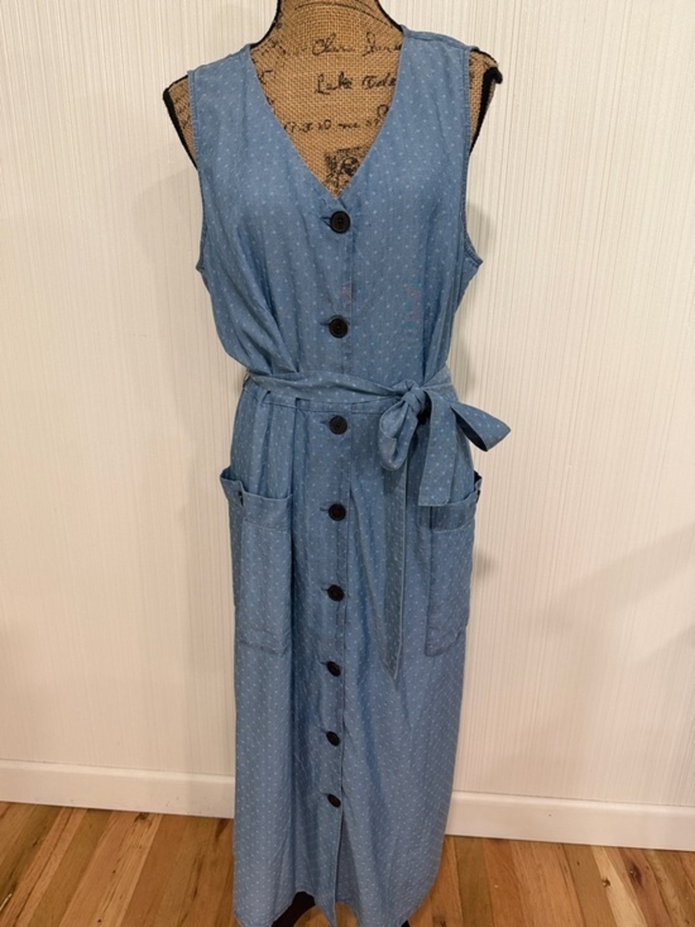 J Jill Denim Sleeveless Button Front Dress Blue Dunes Patch Pockets Large NWT